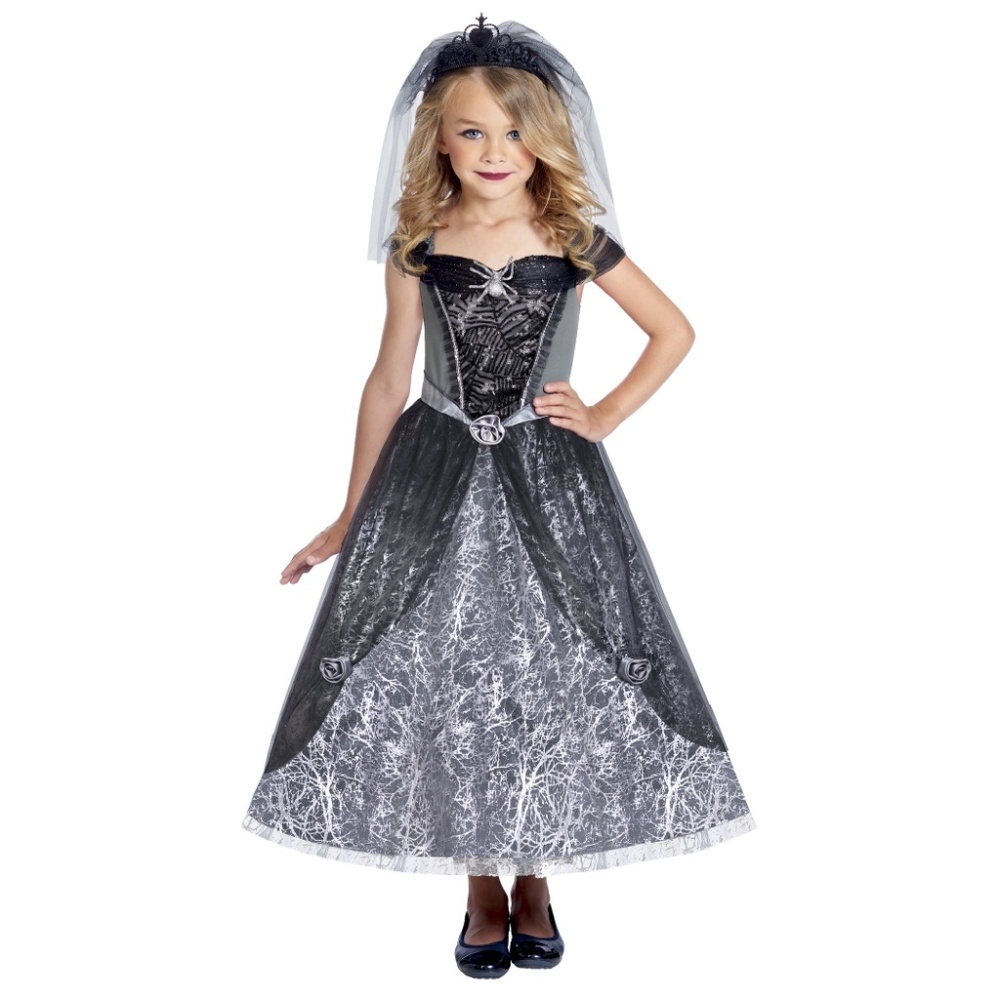 Gothic Spider Bride Costume NEW Girls S 6 6X Silver Black Lace Mesh Sequin